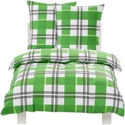 AmazonBasics - Biancheria da letto in 100% cotone, fantasia a blocchi verdi, con copripiumino 140 x 200 cm e 2 federe 65 x 65 cm