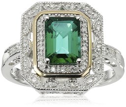 Sterling Silver and 14k Yellow Gold Emerald Cut Created Emerald and Diamond Accent Art Deco-Style Ring, Size 7