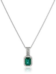 Sterling Silver Octagon Created Emerald and Round Created White Sapphire Pendant Necklace