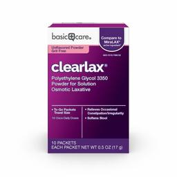 Amazon Basic Care ClearLax, Polyethylene Glycol 3350 Powder for Solution, Osmotic Laxative, 10 Count