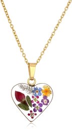 14k Gold Over Sterling Silver Multi-Colored Pressed Flower Heart Pendant Necklace, 16