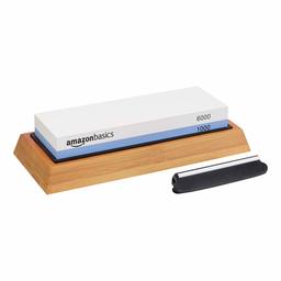 AmazonBasics Whetstone Knife Sharpening Water Stone - Dual-Sided 1000/6000 Grit with Non-Slip Bamboo Base