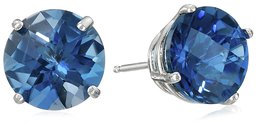 10k White Gold Round Checkerboard Cut London Blue Topaz Studs (8mm)