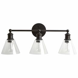 Amazon Brand – Rivet Industrial Triple Glass Shade Bathroom Vanity Fixture With 3 Edison Light Bulbs - 35 x 7.5 x 10.3 Inches, Matte Black