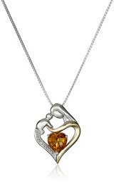 Sterling Silver and 14k Yellow Gold Heart Mother's Jewel Citrine and Diamond Accent Pendant Necklace, 18