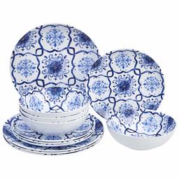 AmazonBasics 12-Piece Melamine Dinnerware Set - Service for 4, Traditional Blue & White