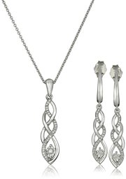 Sterling Silver Diamond Twist Earrings and Pendant Necklace Box Set (1/5 cttw)