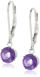 Sterling Silver Round Checkerboard Cut Amethyst Leverback Earrings (6mm)