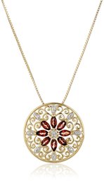 18k Yellow Gold Plated Sterling Silver Genuine Garnet and Diamond Accent Filigree Mandala Pendant Necklace, 18