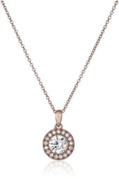 Rose Gold Plated Sterling Silver Halo Pendant Necklace set with Round Cut Swarovski Zirconia, 16