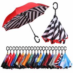 Eono by Amazon - Double Layer Inverted Umbrellas Reverse Folding Umbrella Self-Standing Windproof UV Protection Big Straight Travel Umbrella for Car Rain Outdoor with C-Shaped Handle, Stripe