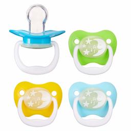 Amazon Brand - Mama Bear Glow-in-the-Dark Baby Pacifier, Stage 2 (6-12M), BPA Free, Assorted Colors (Pack of 4)