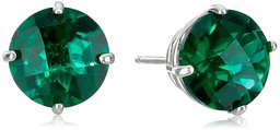 10k White Gold Round Checkerboard Cut Created Emerald Stud Earrings (8mm)