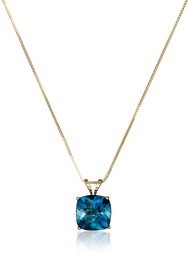 14k Yellow Gold Cushion Checkerboard London Blue Topaz Pendant Necklace (8mm)