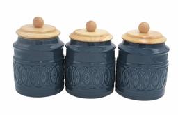 Amazon Brand – Ravenna Home Classic Stoneware 3-Piece Filigree Canister Set - Set of 3, Blue with Wood Lid