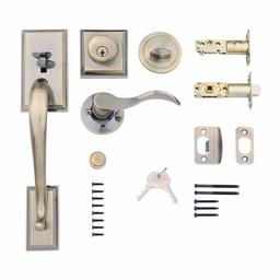 AmazonBasics Modern Door Handle and Deadbolt Lock Set, Left-Hand Wave Door Lever, Antique Brass