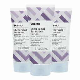 Amazon Brand - Solimo Sheer Face Sunscreen SPF 55 (Pack of 3), Reef Friendly (Octinoxate & Oxybenzone Free), 3.0 Fluid Ounce