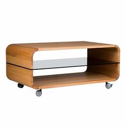 Amazon Brand - Alkove Hayes Solid Wood Coffee Table with Glass Shelf & Wheels, 110 x 60 x 48cm, Core Beech/Glass