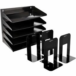 AmazonBasics Economy Office Bookends, Black, 8 Inches, Pack of 2 with 5 Tier Metal Document Organizer Tray, 15