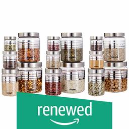 (Renewed) Amazon Brand - Solimo Plastic Container Set, 15-Pieces, Silver with Stainless Steel Lid & Wide Mouth