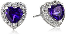 Sterling Silver Genuine African Amethyst and Created White Sapphire Halo Heart Stud Earrings