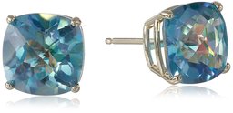 14k Yellow Gold Cushion-Cut Checkerboard Rio Aquamarine marine Topaz Stud Earrings (8mm)