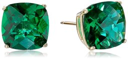 14k Yellow Gold Cushion-Cut Checkerboard Created Emerald Stud Earrings