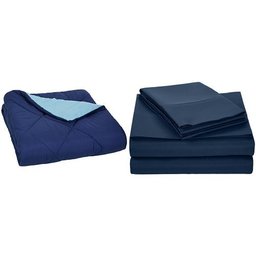 AmazonBasics Navy Blue Comforter (Full/Queen) and Navy Blue Sheet Set (Full)