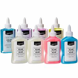 AmazonBasics Washable Translucent Color School Glue, Assorted Colors, 5 oz, 4-Count with Glow in The Dark Liquid Glue, Assorted Colors, 5 oz, 4-Pack