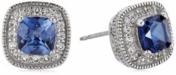 Sterling Silver Created Blue Sapphire and Created White Sapphire Halo Cushion Stud Earrings