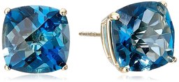 Amazon Collection14k Yellow Gold Cushion Checkerboard Cut London Blue Topaz Studs (8mm)