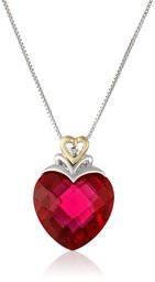 Sterling Silver and 14k Yellow Gold Created Ruby Heart and Diamond-Accent Pendant Necklace, (.006 cttw, I-J Color, I2-I3 Clarity), 18