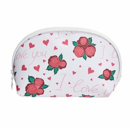 Amazon Brand - Solimo Cosmetic, Makeup & Toiletries Pouch (Hearts & Roses; White, Red)