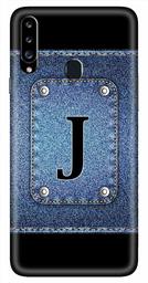 Amazon Brand - Solimo Designer Button Jeans Alphabet-J 3D Printed Hard Back Case Mobile Cover for Samsung Galaxy A20s