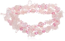 Set of 3, Rose Quartz Chip, Swarovski Elements Bicone Bead and Pink Color Freshwater Cultured Pearl Stretch Bracelet, 7.5