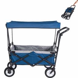 UMI. Essentials Handcart with Roof Transport Trolley Extendable Handle Hand Trolley Transport Trolley Foldable Garden Trolley Tool Trolley 361° Rotatable (Blue)