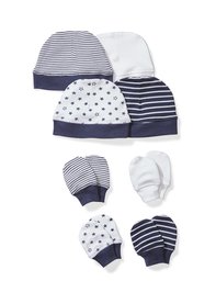 Moon and Back Baby Set of 4 Organic Cap and Mitten Sets, Navy Sea, 0-6 Months