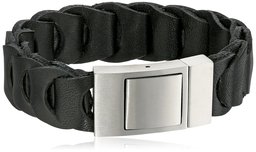 Men's Stainless Steel and Black Leather Interlocking Bracelet