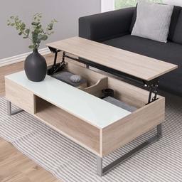 Marchio Amazon - Movian Coffee Table, Glass, Melamine Oak, Lift System, Storage, Base Metal alu Coloured